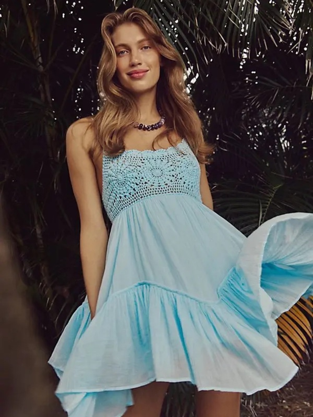 Free People Light Blue Crochet Bodice Mini Dress